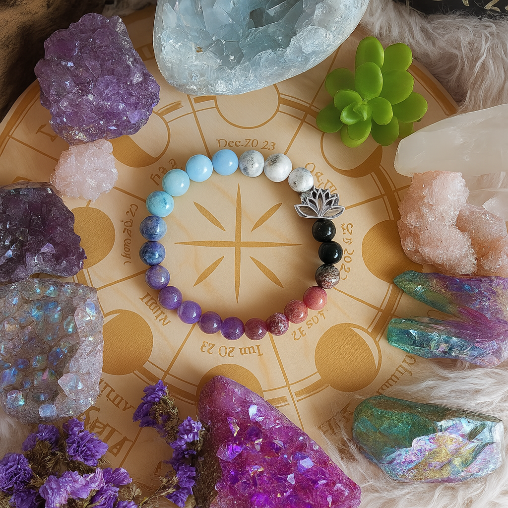 Armband med Ametist, Lepidolit och Howlit – Energi